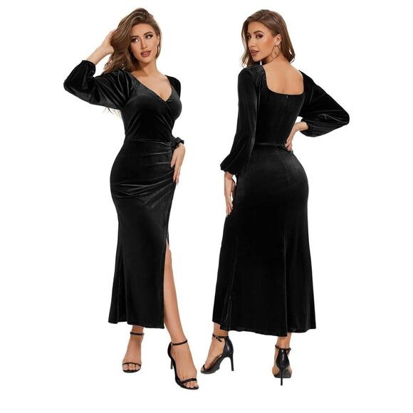 NEW Long Sleeve Ruched Velvet Wrap Cocktail Maxi Dress XL 12/14 - Picture 2 of 6
